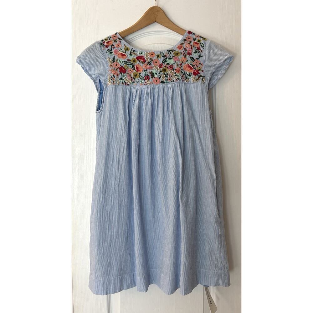 Anthropologie Maeve Beaded Mini Dress Size 2P Blue Pockets Floral Pinstripe